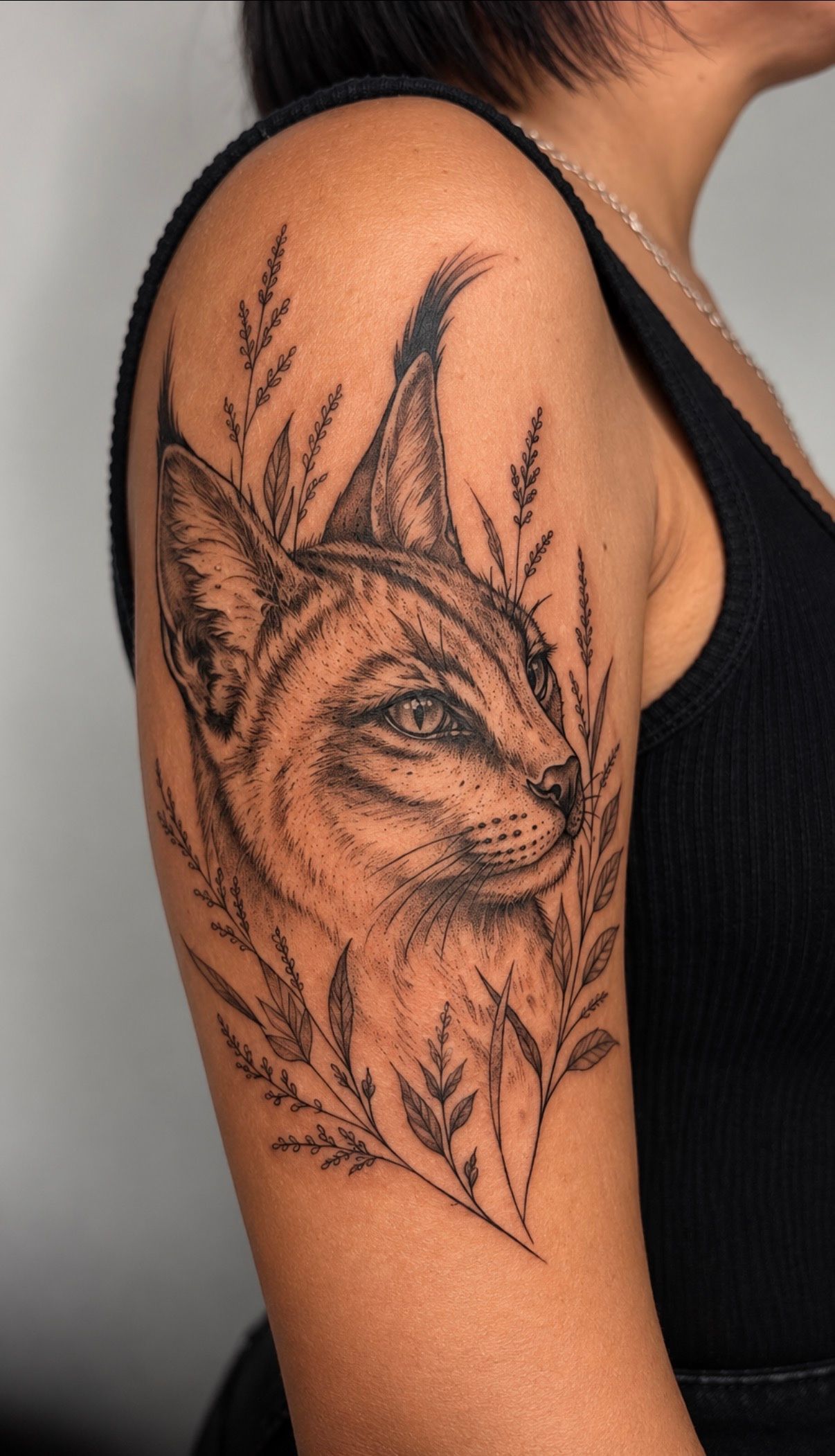 Black and grey lynx among wild grasses on the upper arm