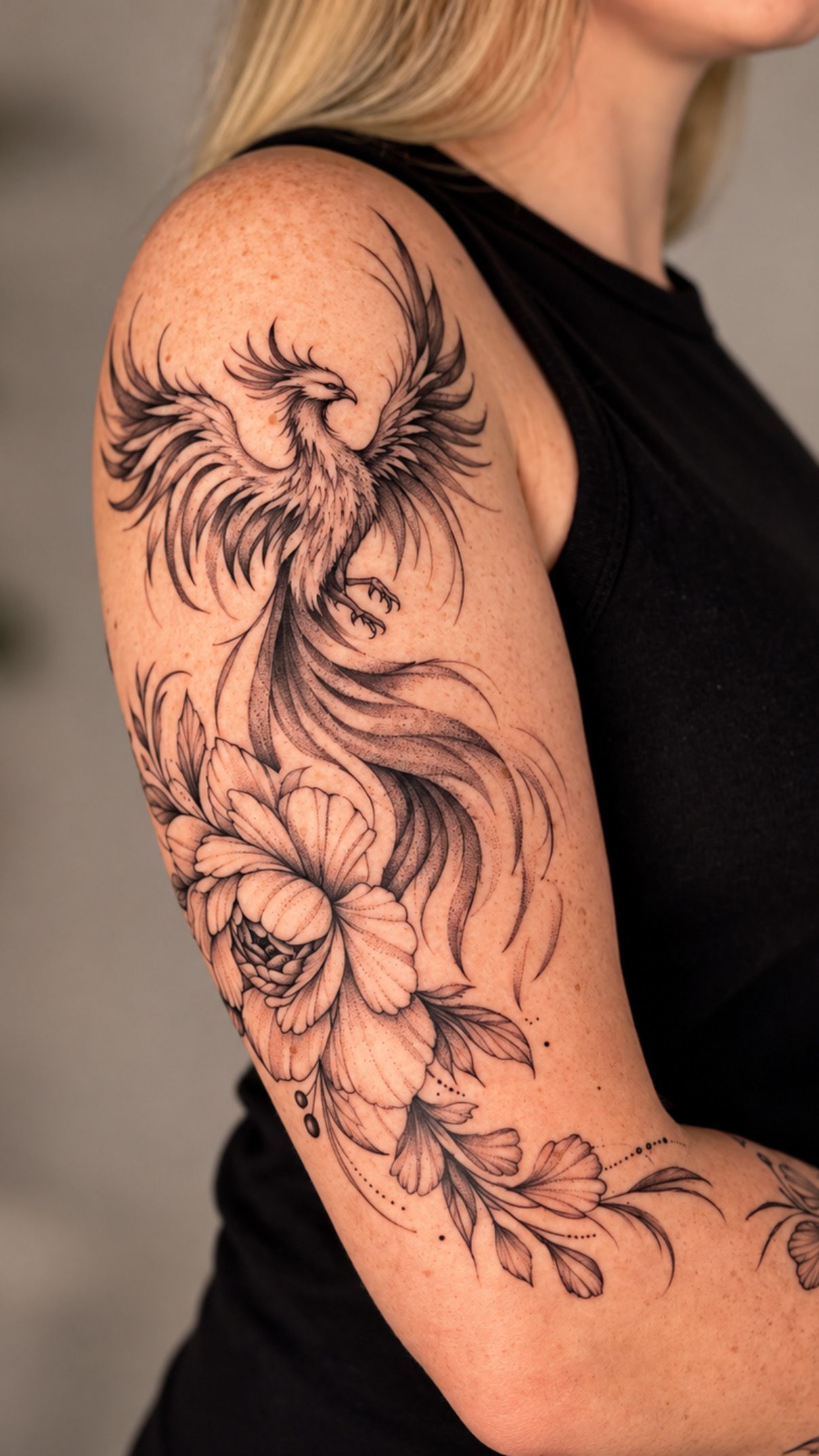 Fine line phoenix rising from peonies on the upper arm